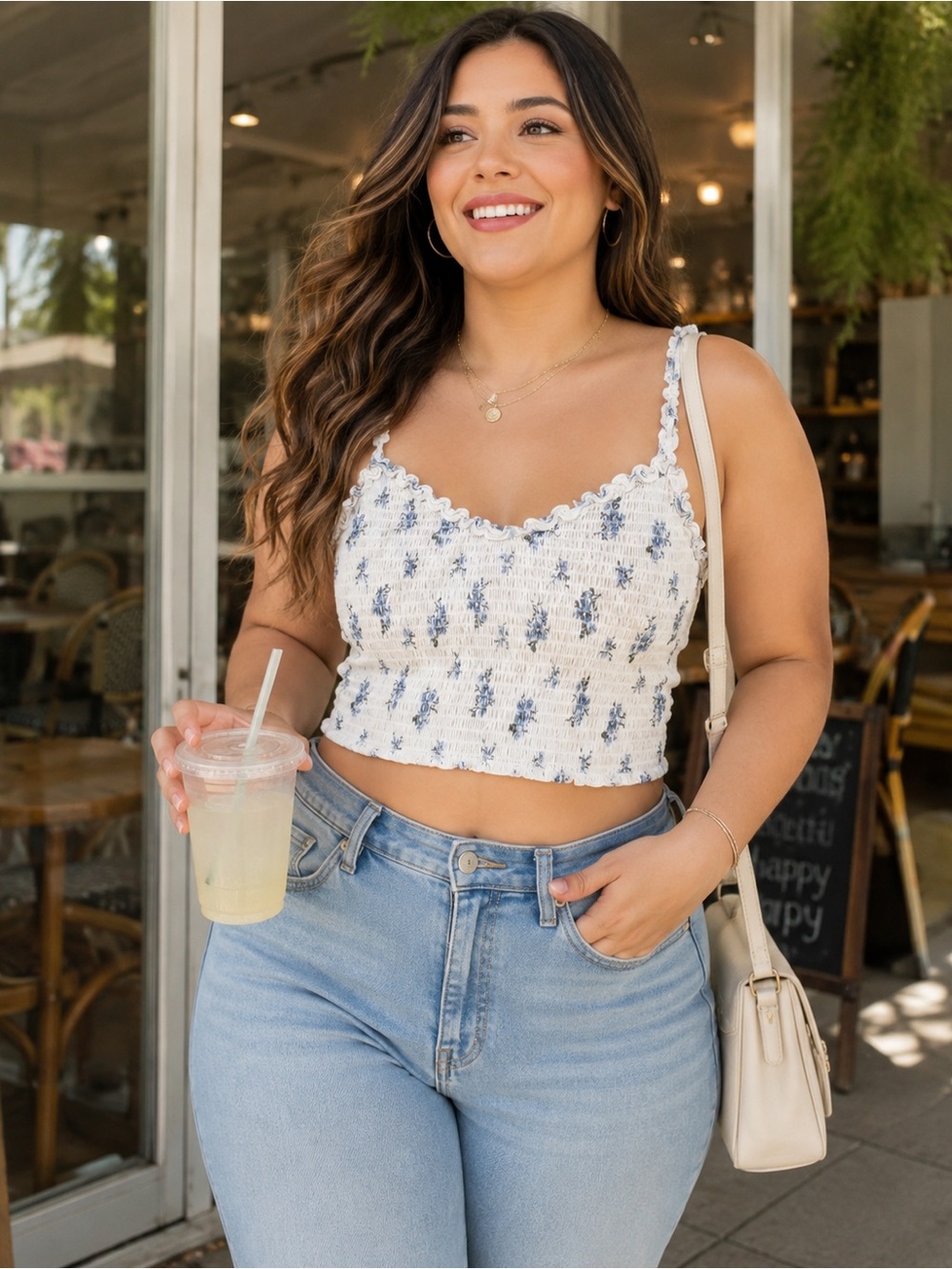 Hollister Floral Smocked Crop Tank Top - Blue & White